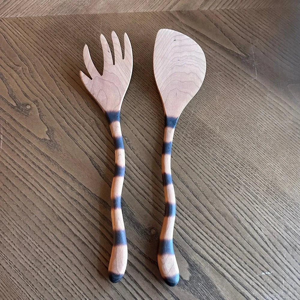 Handcrafted Cat Tail Jonathan's Spoons Wooden Salad Server Set Wavy Handle